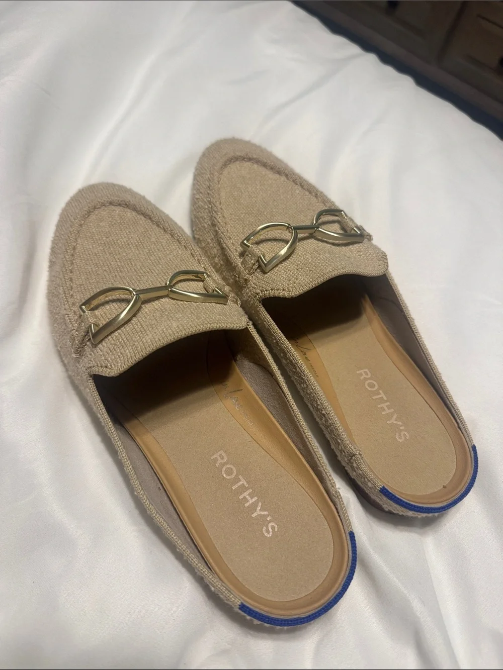 Rothy's Beige Knit Loafer Mule with Gold Hardware